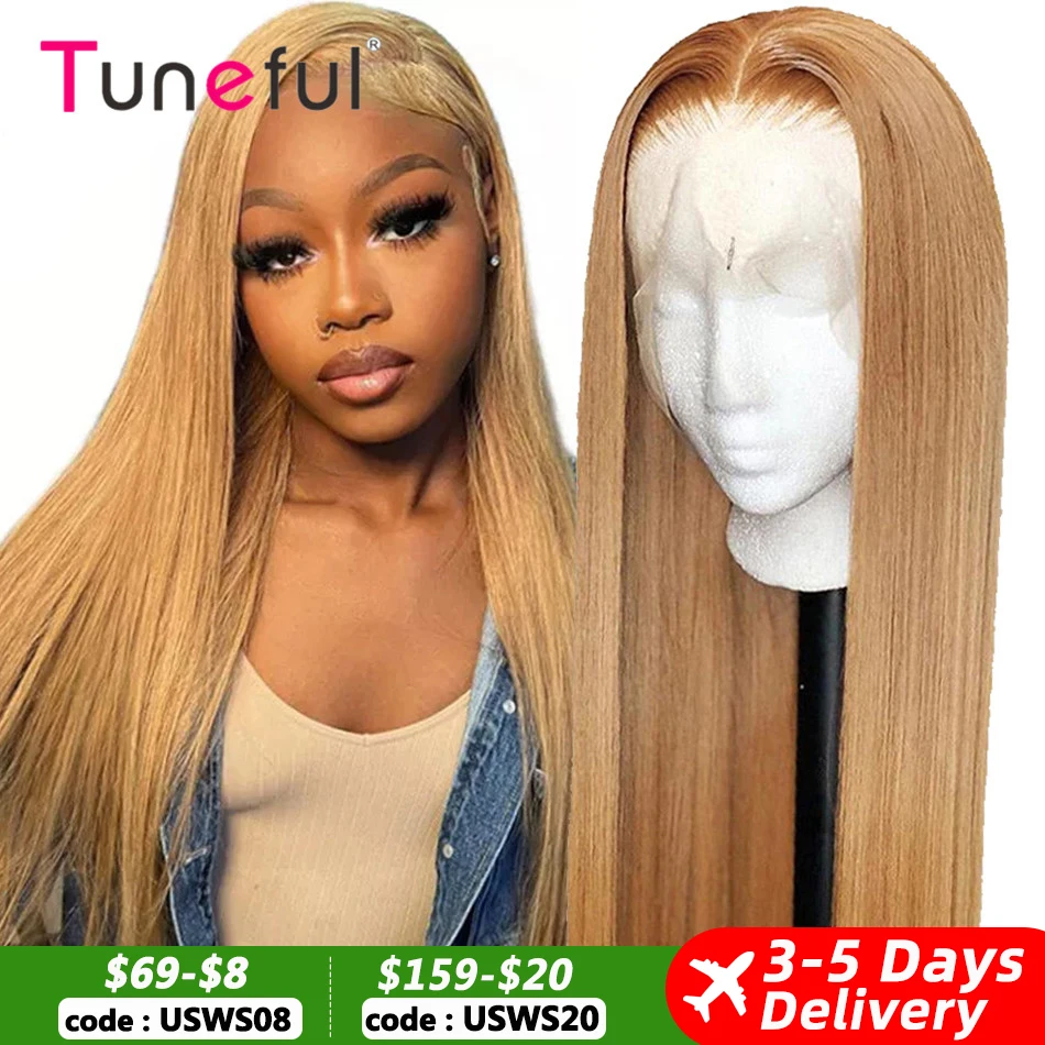 13x6 27# Honey Blonde Colored Human Hair Frontal Wigs Straight 180% 13x6 HD Transparent Lace Front Human Hair Wigs For Women