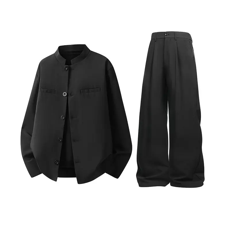 

Retro Wine Red Men's Suit Jaet oulder Pads Small Stand Collar Trendy High-End Feeling Cotton Corduroy Casual Wear