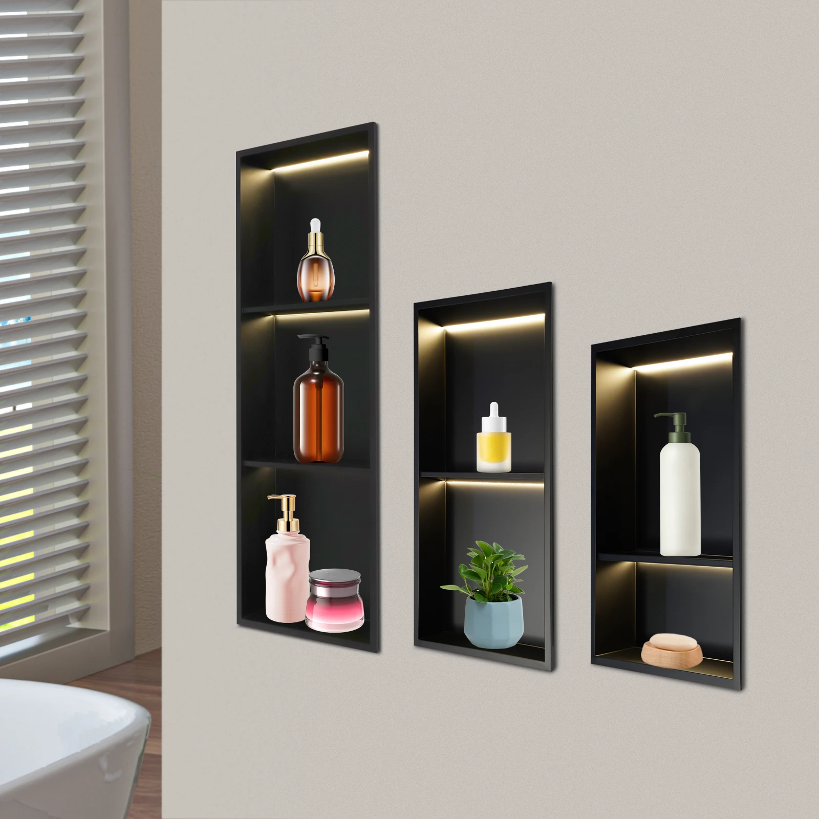 

Встраиваемая ниша для душа из нержавеющей стали 12x18/24/36 дюймов, настенная ниша для ванной комнаты, 2/3-уровневая настенная ниша с LED-подсветкой 24 Вт, IP44