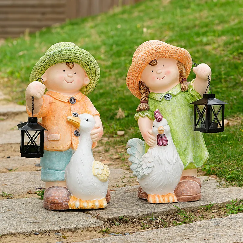 Creative Cartoon Boy Girl Lantern Statue Outdoor Garden Sculpture Yard Whimsical Figurine Landscape Cute Ornament for Courtyard