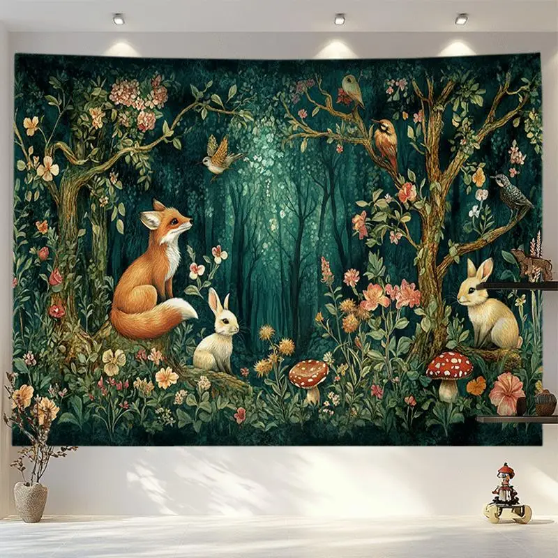 Enchanted Forest Animal Tapestry Wall Hanging Rabbit & Bird Design with Lush Foliage & Mushrooms Party Backdrop, Forest Decor