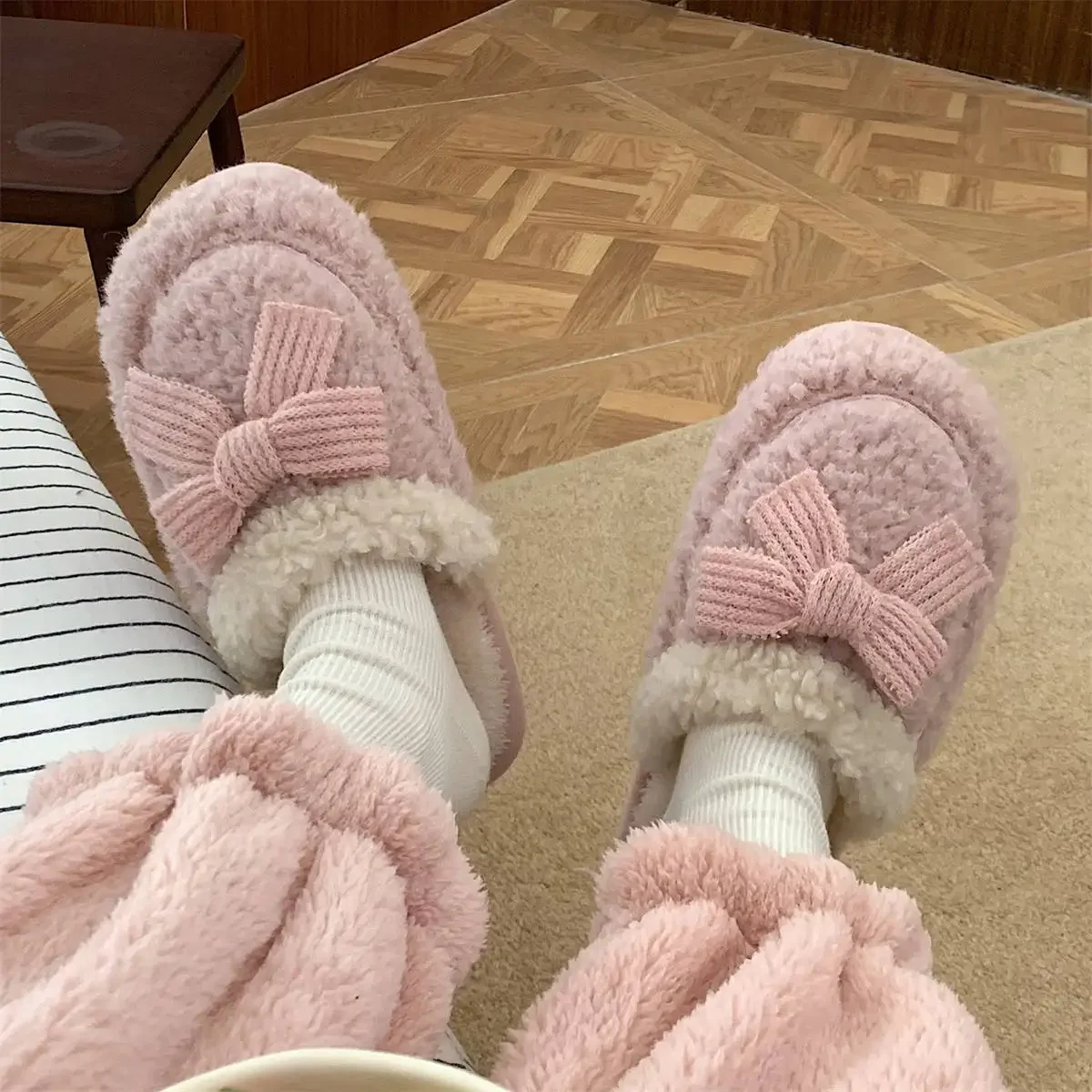 

Bow tie home cotton slippers winter new women's slippers soft thick bottom warm indoor comfortable fluffy leisure cotton shoes