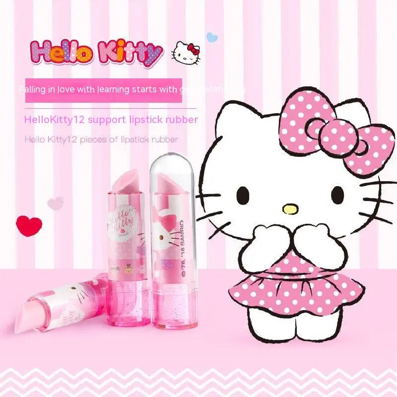 Sanrio 12pcs Eraser Kawaiihello Kitty Creative Lipstick Cute Cartoon Eraser Student School Supplies Office Stationery Gift