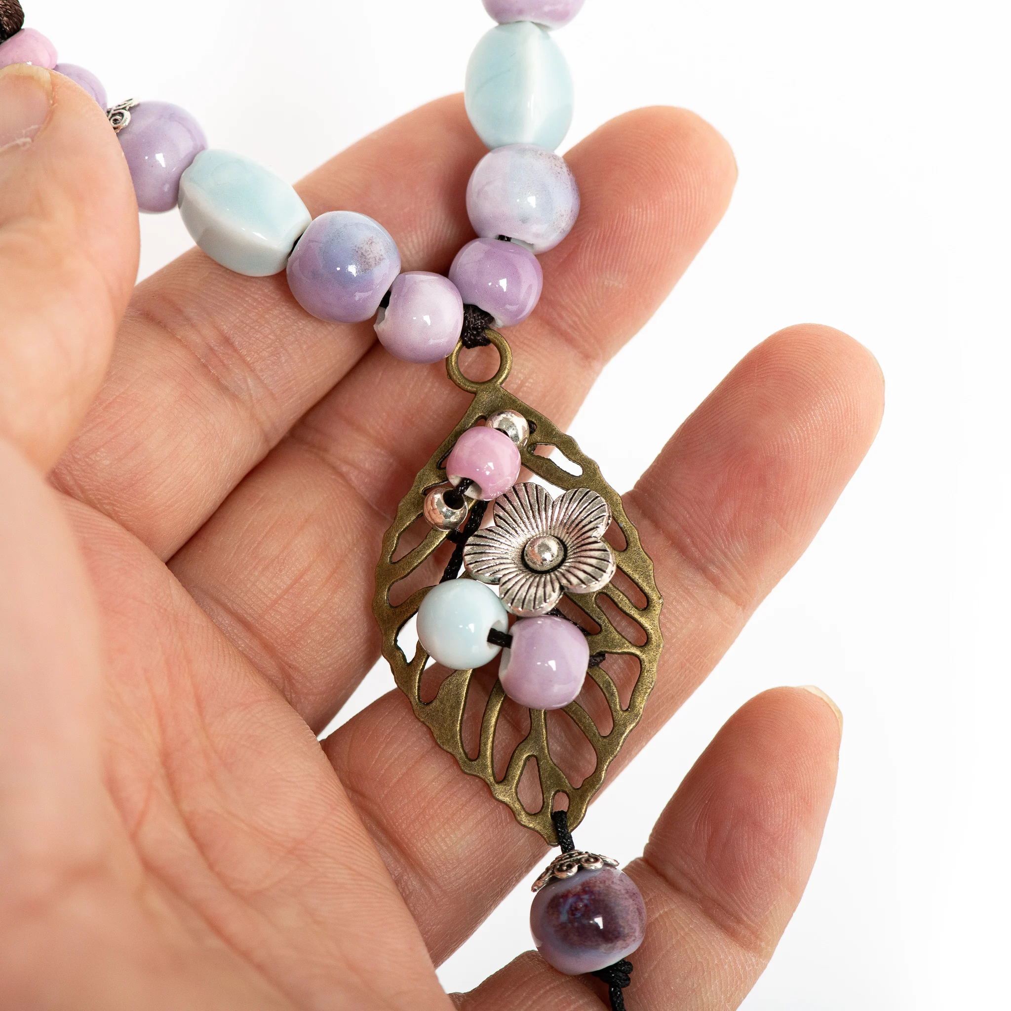 Handmade Heart Pendant Ceramic Necklace for Women Vintage Long Adjustable Boho Sweet Style Jewelry
