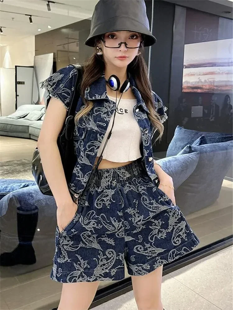 Street Fashion 2pc Denim Suits Colorful Print Long Jean Jacket Waistcoat+Wide Leg Shorts New Summer Fashion Chic 2 Piece Sets