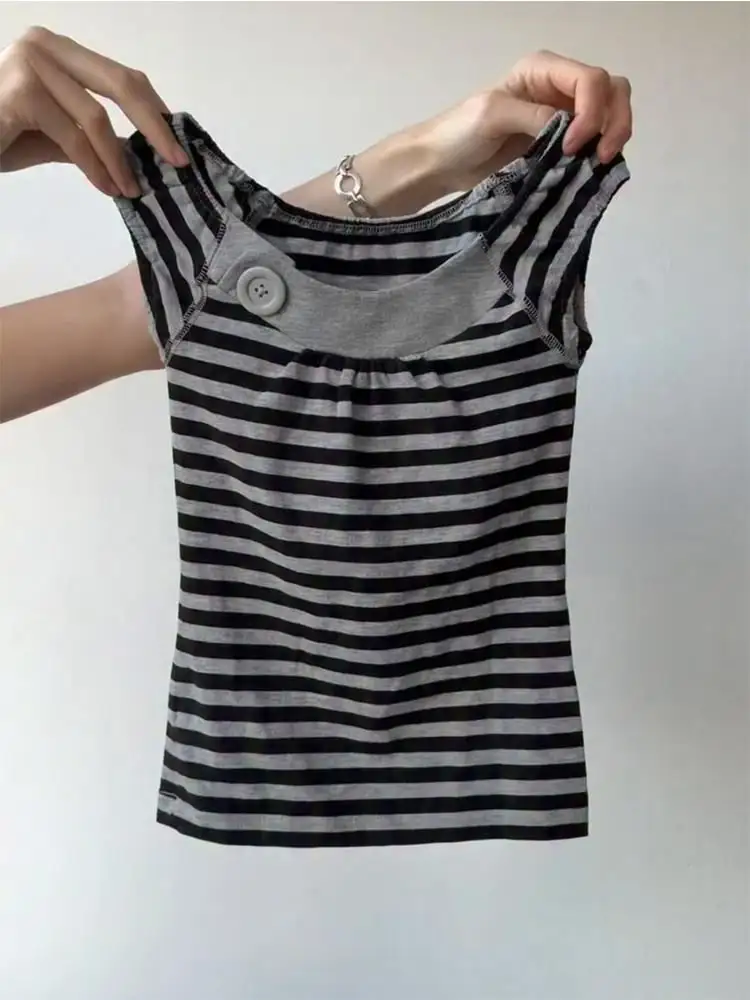 Summer T-shirt Slim Y2k Things Punk Vintage Goth Crop Top Stripe Slim Woman Clothing Basics Casual Streetwear Harajuku 90s Tees