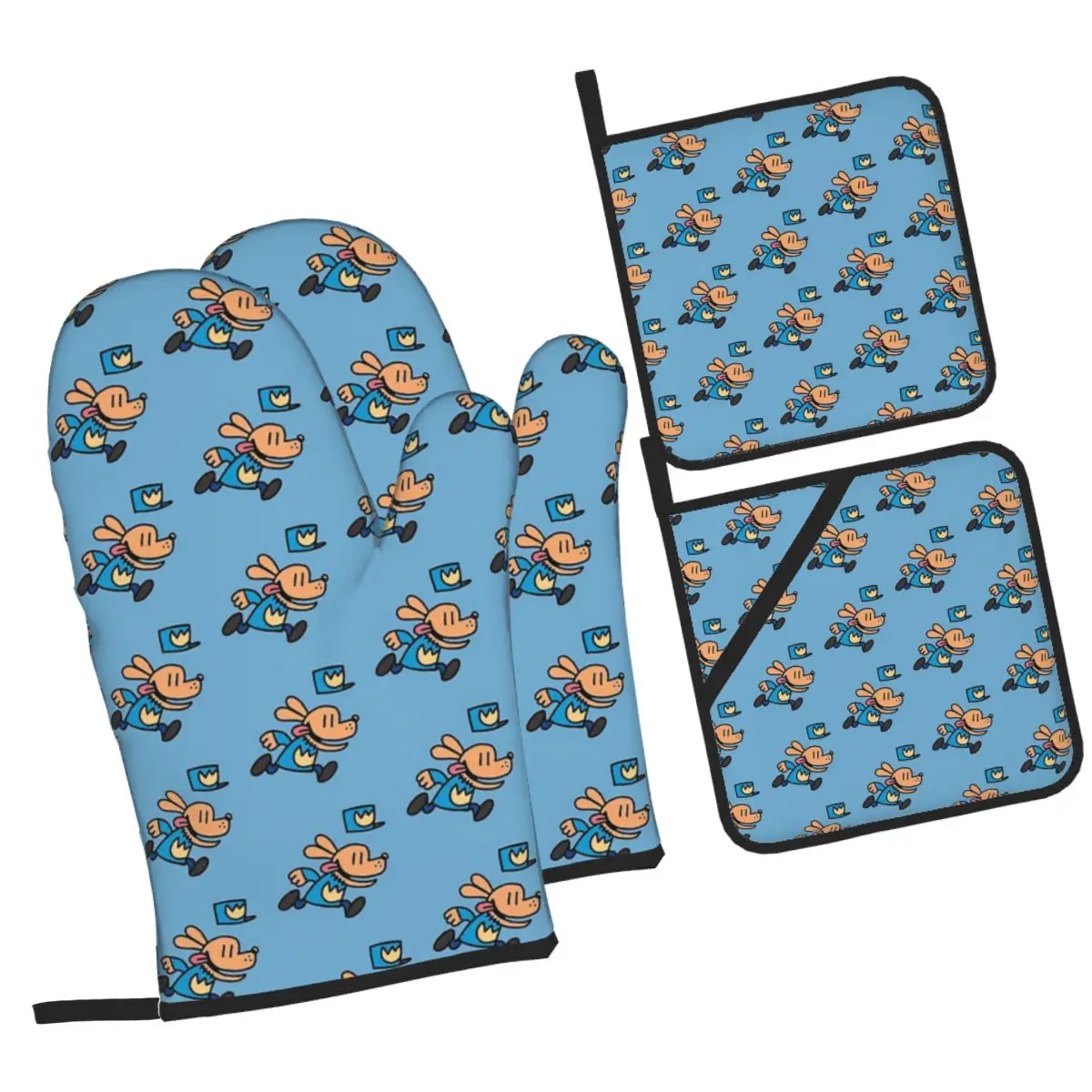 Officer Dog Man Running Fan Art Oven Mitts and Pot Holder Sets of 4 for Baking Kitchen Cooking BBQ Resistant Non-Slip Gloves