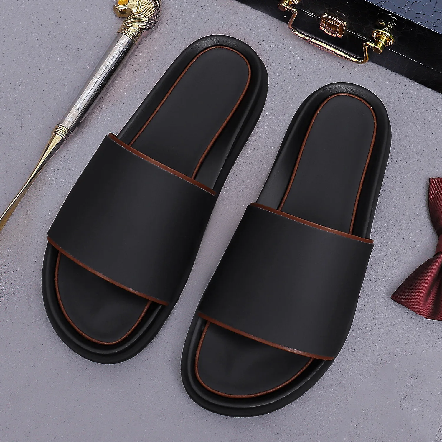 

One Band Leather Slide Sandals Mefeaturing Breathable Genuine Leather Upper Non-Slip Rubber Sole Comfort In Summer Casual Beach