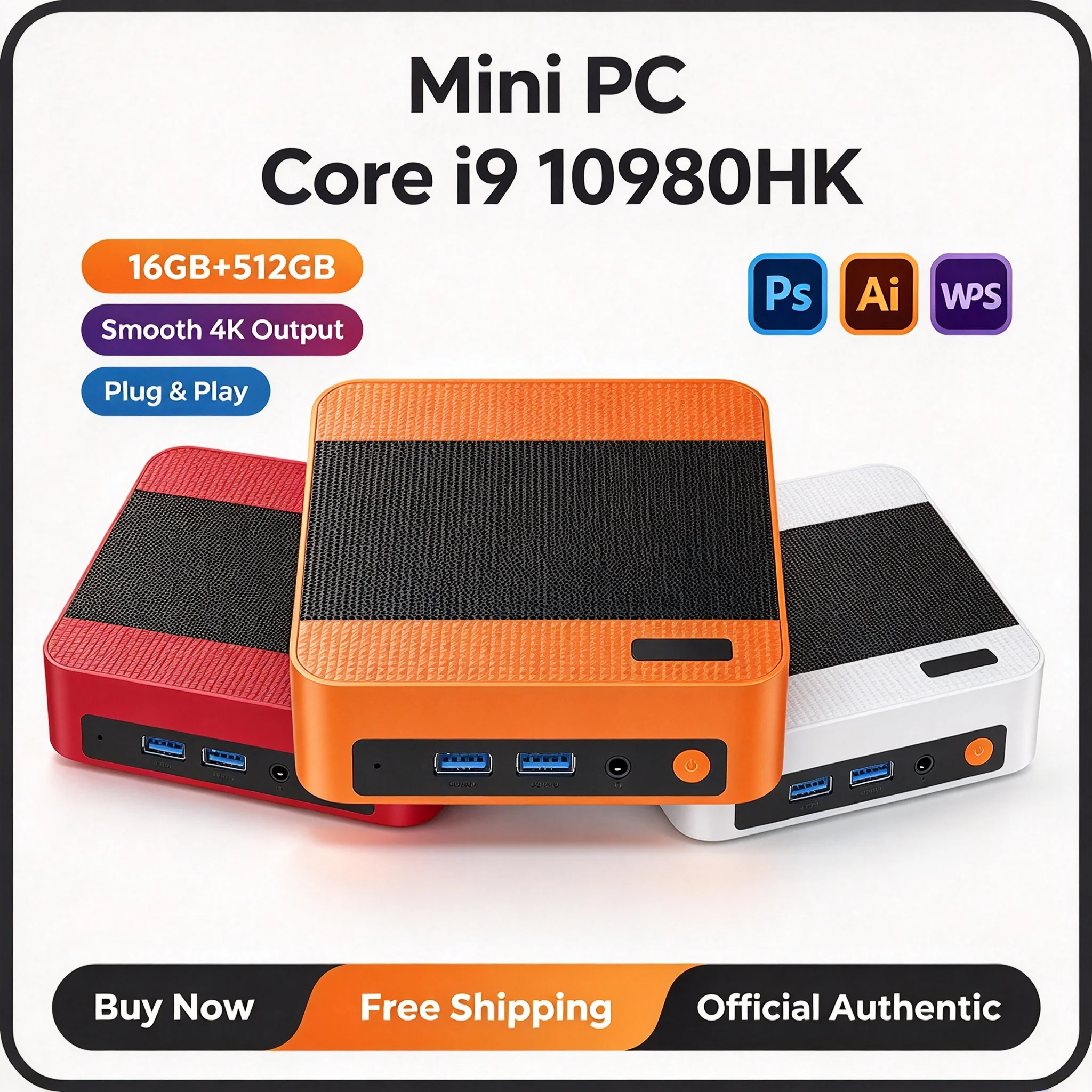 Mini PC Intel Core i9 10980HK 16GB DDR4 2TB M.2 NVMe SSD WiFi 6 BT5.2 Estação de Trabalho de Escritório com Várias Cores