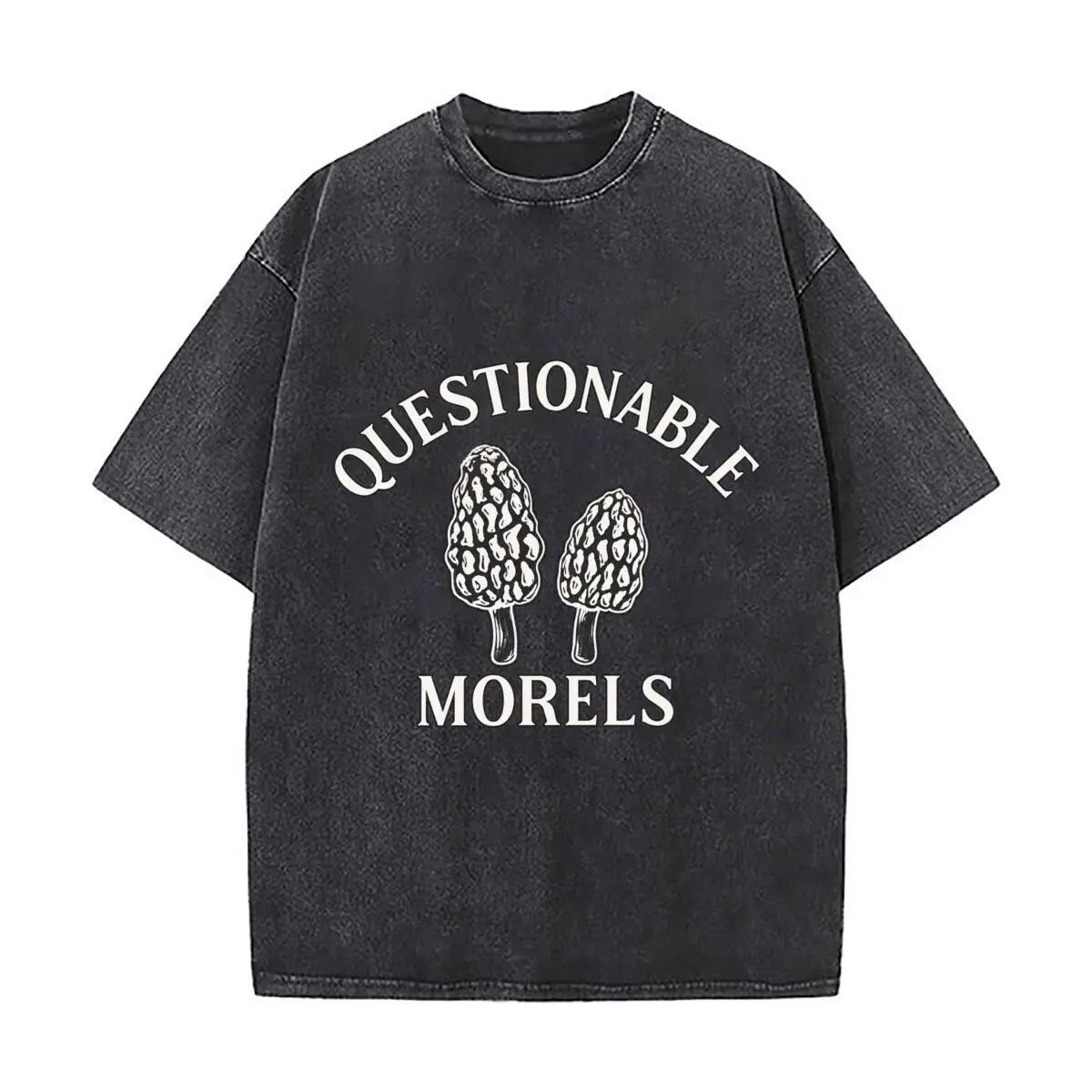 Questionable Morels Funny Mycology Mushroom Foraging Graphic Washed Distressed Loose Streetwear Tops for City Walks