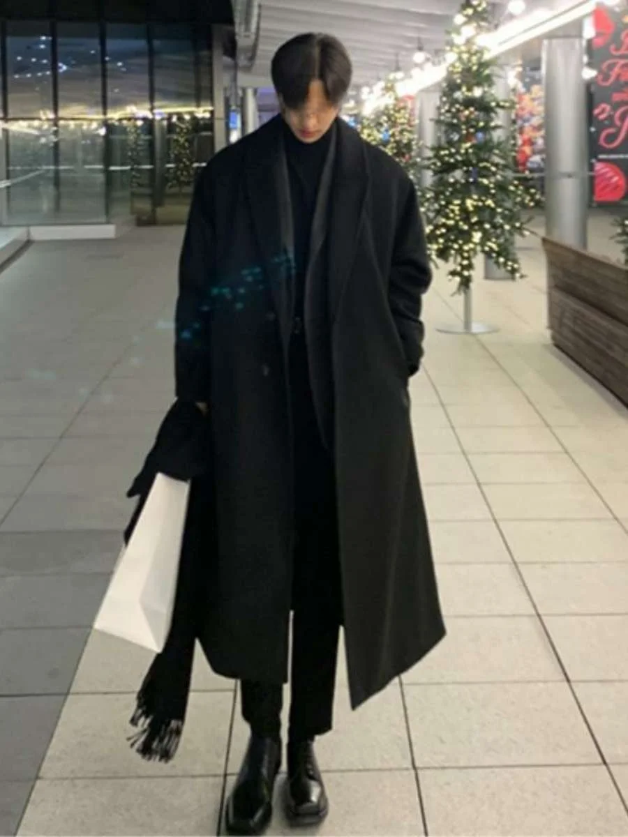 

Korean Sle Versatile Mid-Length Men's Autumn Winter Thiened Woolen Coat Loose Fit Faionable Over-Knee Briti Sle Win...