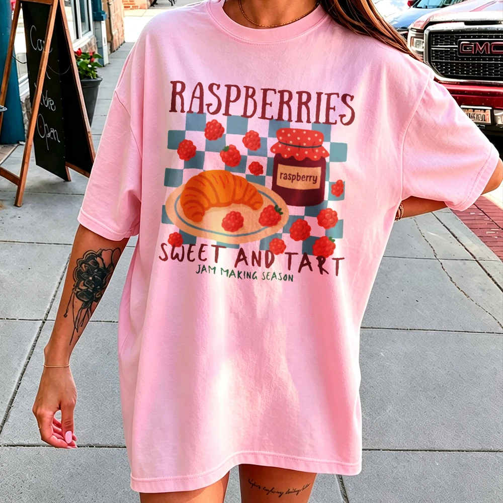 Crew Neck White Raspberry Jam Cotton T-Shirt Sweet Tart Farmers Market Checkered Background Text Raspberries Tomato Girl Summer