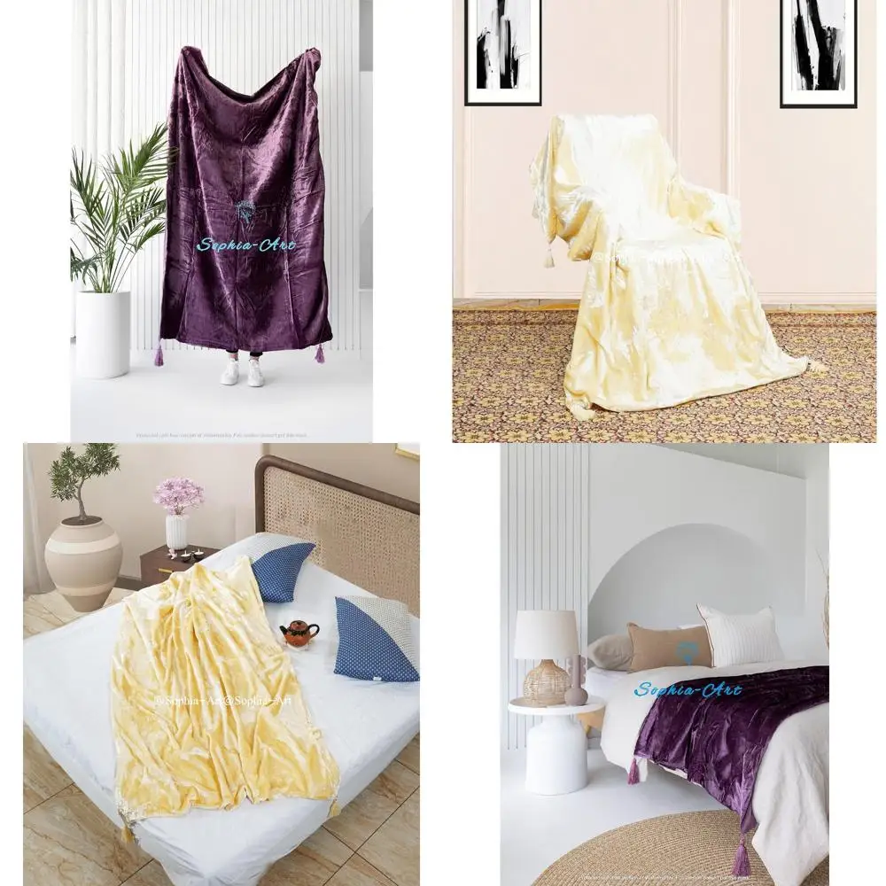 

Luxury Crushed Velvet Throw Blanket with Tassels - Soft Boho Warm Throws for Sofa Beds, Cozy Plush Lightweight Pet-Friendly