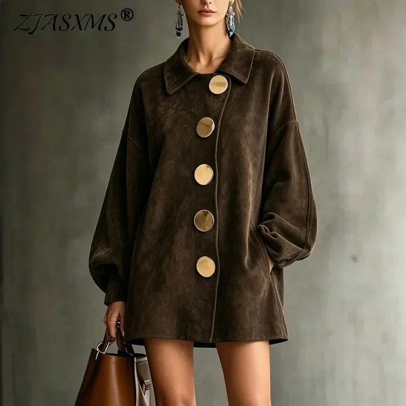 Women Solid Faux Suede Shirt Coats Lapel Lantern Puff Sleeve Big Gold Button Front Loose Coat Casual Vintage Fall Winter Jackets