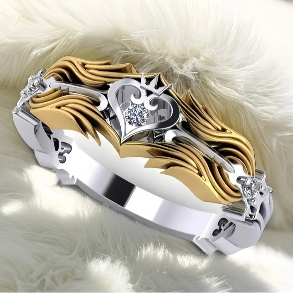 1pc Innovative Design King's Heart Ring Crown Two-tone Zirconia Ring