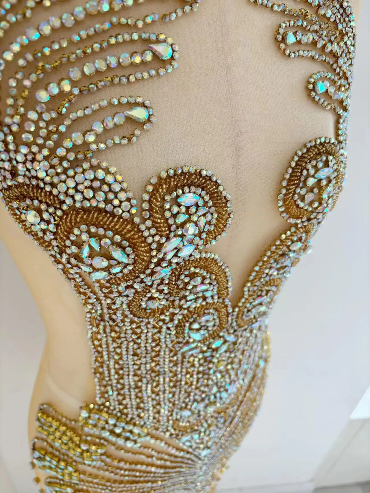 Large Gold AB Beaded Crystal Applique Elegant Rhinestone Bodice Patch for Prom Dress,Wedding Decor