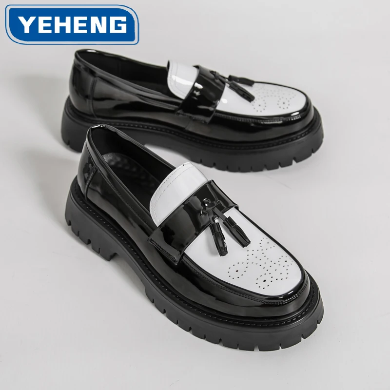 

Chunky Platform Men Loafers Patent Leather Tassel Dress Shoes Punk Rock Slip on Smoking Loafers Goth Tuxedo Shoes Large Size