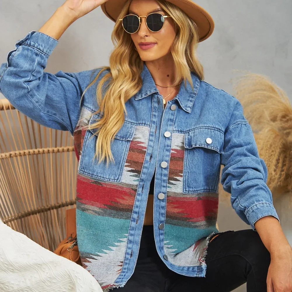 

New Autumn Winter AZTEC Women’s Denim Jacket Full Sleeve Loose Button Spliced Cowboy Short Coats Lapel Wild Casual Streetwear