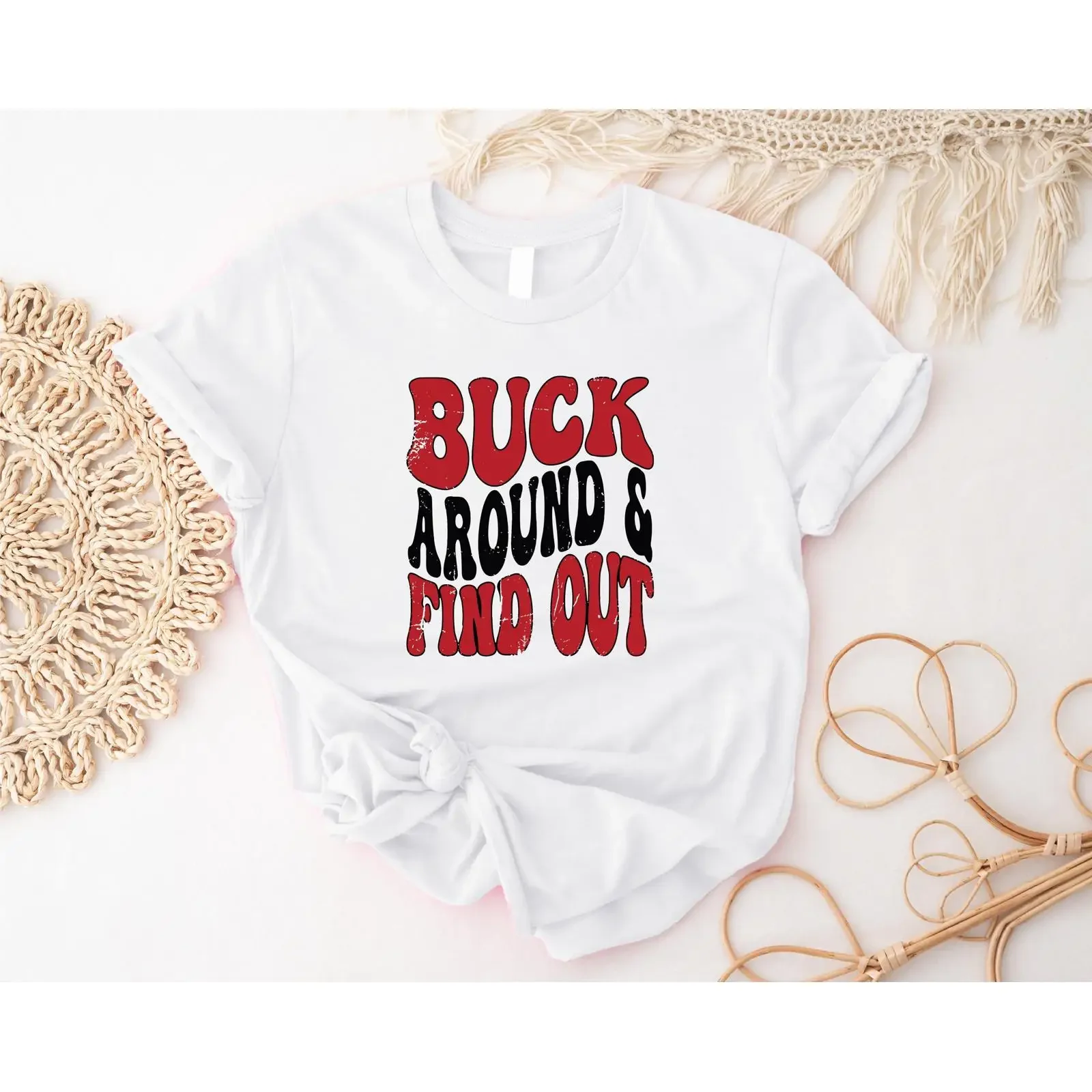 Buck Around And Find Out T-Shirt, lustiges Buckeyes-T-Shirt im Western-Country-Stil für Damen, Vintage Desert Adventure, Vintage Washed