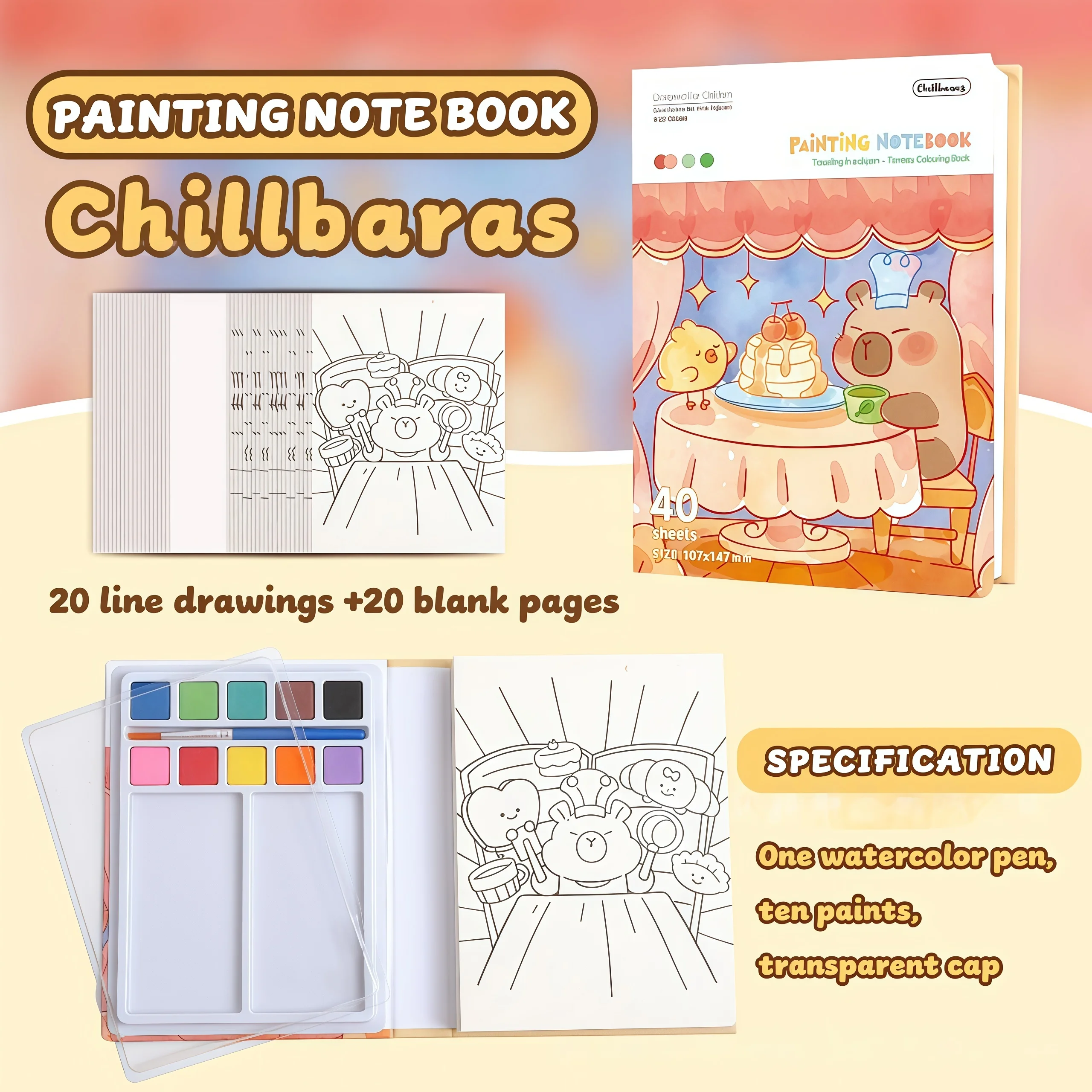 Portable Watercolor Coloring Book for Kids - Kindergarten Coloring Album with Pigments for Doodling and Painting