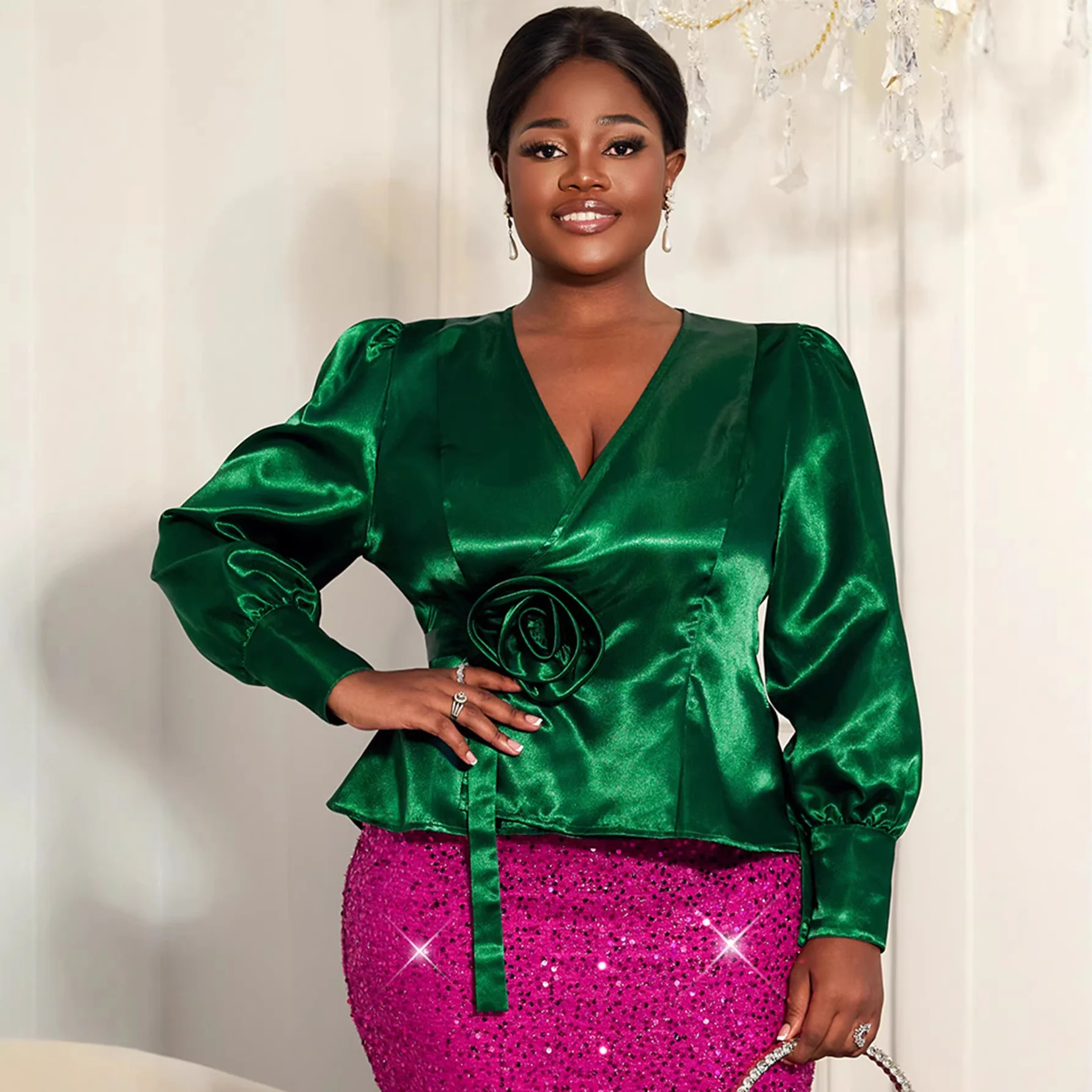 Plus-size Women's Satin V-neck Long-sleeve Top, Slimming Waist, Three-dimensional Floral Ruffles, Elegant And Versatile For Y2K