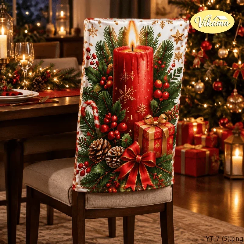 VIKAMA Christmas Candle Pine Chair Cover Non Slip Washable Seat Cover for Dining Room Kitchen Family Gathering Christmas Gift