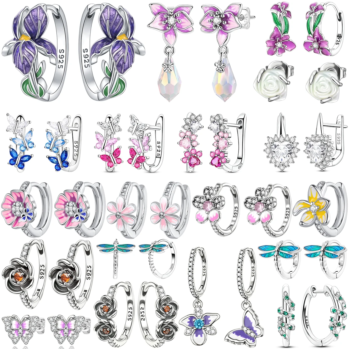 

Original 925 Sterling Silver Flowers Hoop Earrings Iris Vine Butterfly Rose Earrings For Women Fine Jewelry Valentine's Day Gift