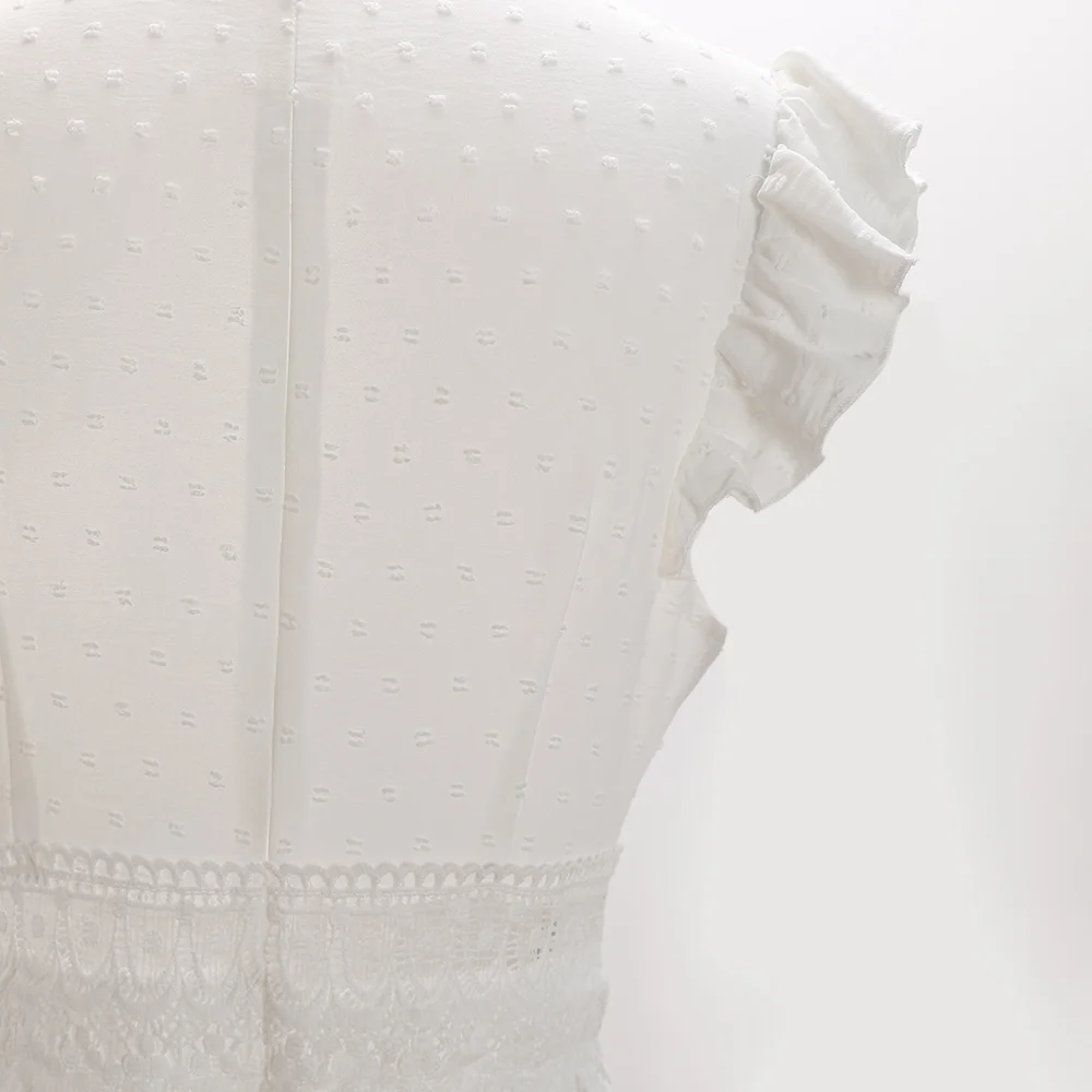 Sukienki Letnie Francuskie Gładkie Żakardowe Krótkie Falbanki na Ramionach Dekolt w Serek Marszczenie Falbana Mini Rozkloszowane Sukienki dla Kobiet