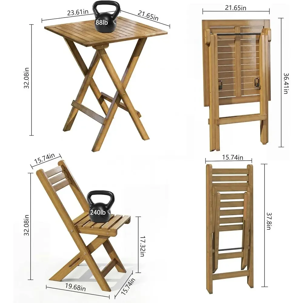 3-Piece Acacia Wood Patio Bistro Set with Distressed Finish, Suitable for Outdoor, Balcony, Backyard, Porch, Campsite, Supports view 2