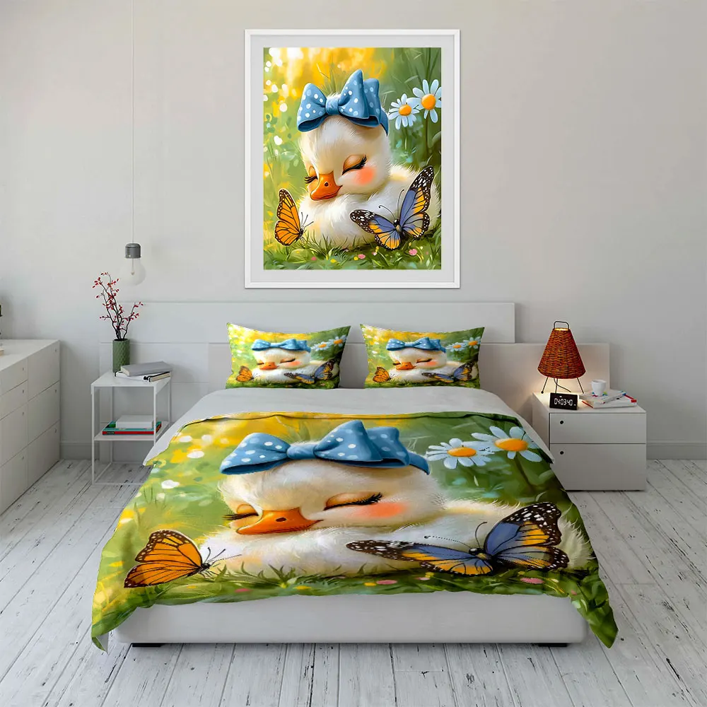 Duckling, butterflies, floral background Print Soft Comfortable Duvet Cover Bedding Set Included 1*Duvet Cover  2*Pillowcases