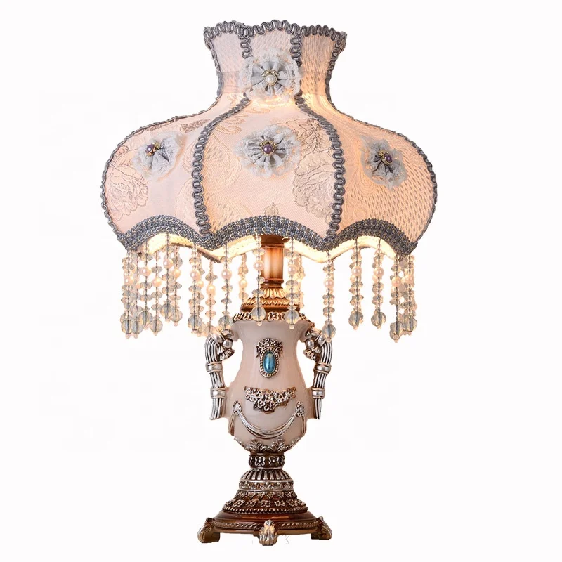 &c Luxury European Bead Fringes Embroidered White Lampshade Decorative Resin Table Lamp for Bedroom Living Room Home Decor