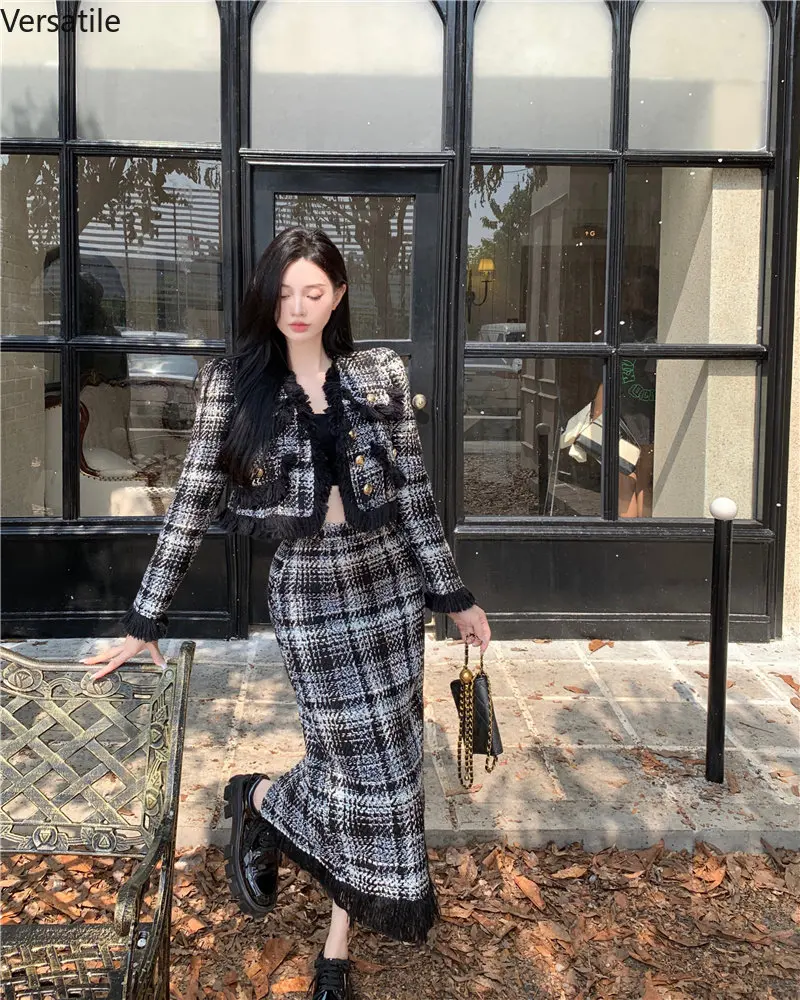 Plaid Celebrity Style New Suit Women Fashion Elegant Long-sleeved Short Coat High Waist Hip Wrap Long Skirt Two-piece Set Winter