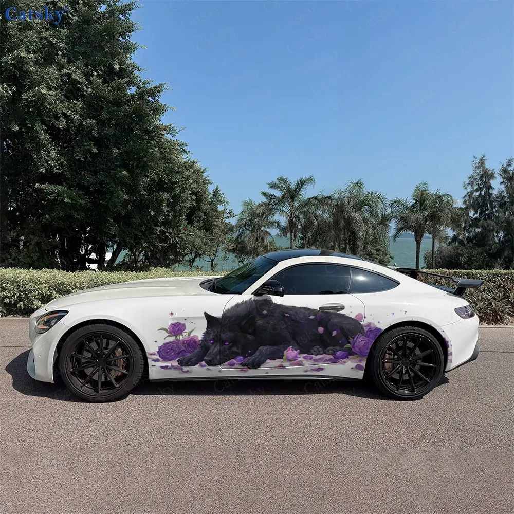 2pcs Violet Blossom Slumber Black Wolf Car Side Wraps, Self-Adhesive PVC Waterproof & Scratch-Resistant Stickers, Car Accessory