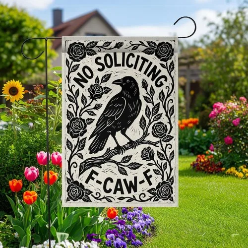No Soliciting Crow Garden Flag - Gothic Raven Crow Flower Burlap Yard Decor Sign IIX