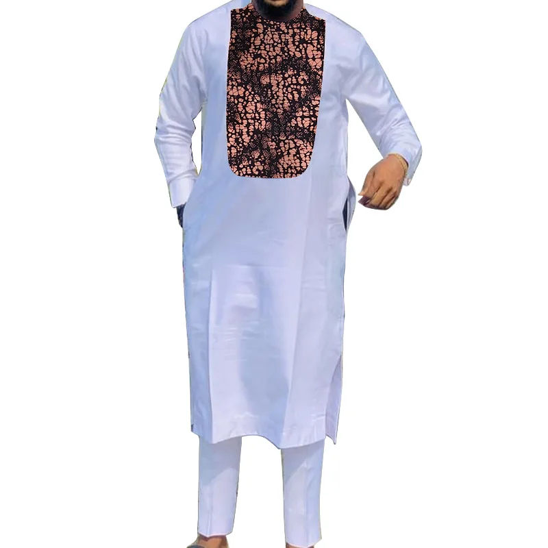 African Muslim Robe White Men\'s Sets Middle Eastern Clothing Patchwork Long Shirts+Solid Trousers Male Wedding Groom Suits