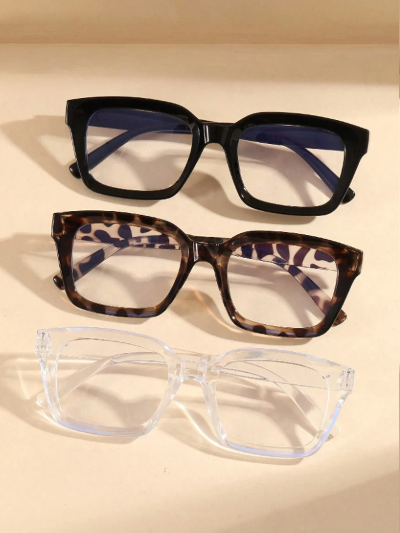 3Pcs New Large Square Frame Multi-Color Non-Prescription Glasses, Natural Look, Slimming Effect, Versatile for Commuting