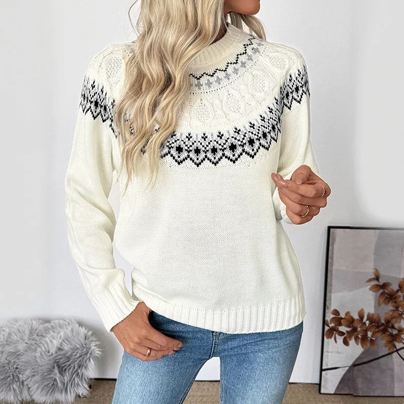

Women's Long Sleeve Sweater 2025 New Autumn Winter Loose Jacquard Base Top Casual Pullover Knitted White Sweaters Femenina Mujer