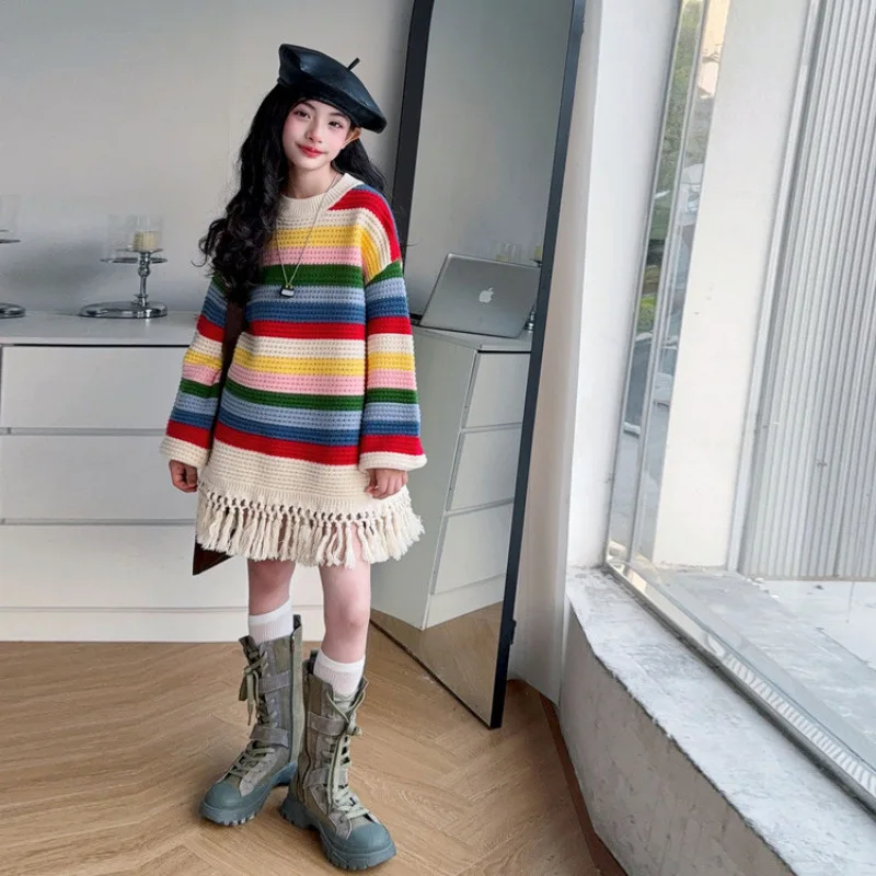 

Junior Girls Sweater Autumn Striped Round Neck Knitted Teenager Girls Top Tassel Long Sleeve Loose Children Girls Pullover