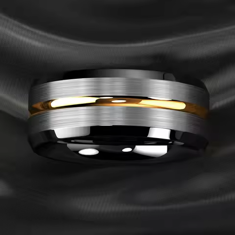 8MM Fashion Gold Color Groove Stainless Steel Rings Silver Color Brushed Black Edge Rings Women Wedding Band Jewelry Men's Ring
