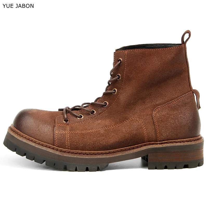 Cow Men Ankle Boots Genuine Leather High Quality Vintage Handmade Outdoor Work Boots Big Round Thick Bottom High-Top Men's Shoes