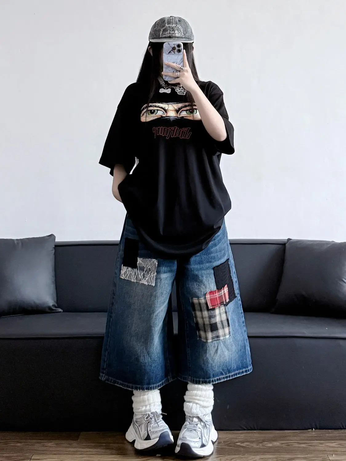 

Уличные потертые эклектические джинсы Waif, женские клетчатые лоскутные повседневные брюки в стиле гранж 2000-х годов Y2K Harajuku, американские винтажные джинсовые брюки