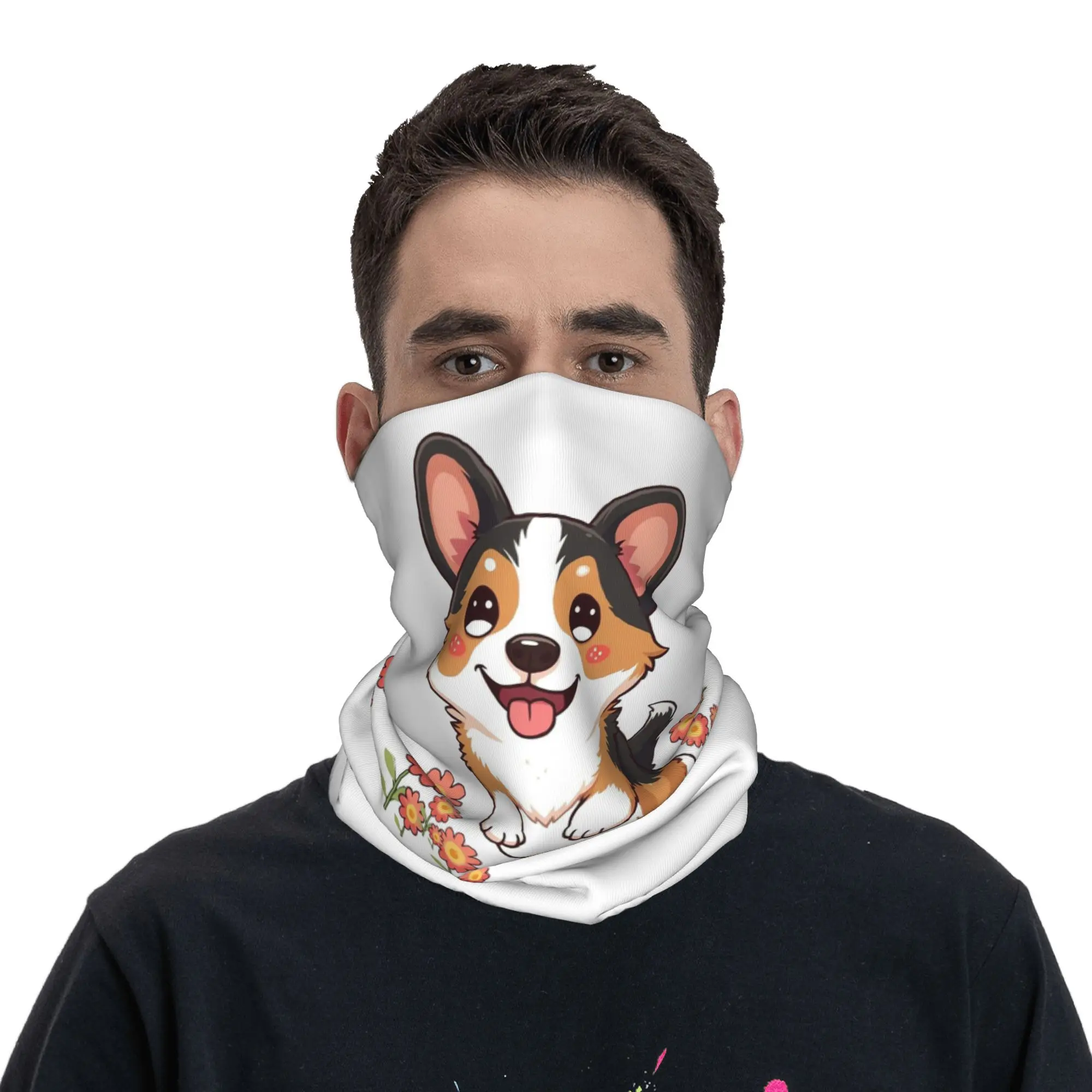 Kawaii Tricolor Corgi في الحديقة باندانا غطاء الرقبة المطبوعة التفاف وشاح متعدد الاستخدام أغطية الرأس تشغيل للجنسين الكبار يندبروف