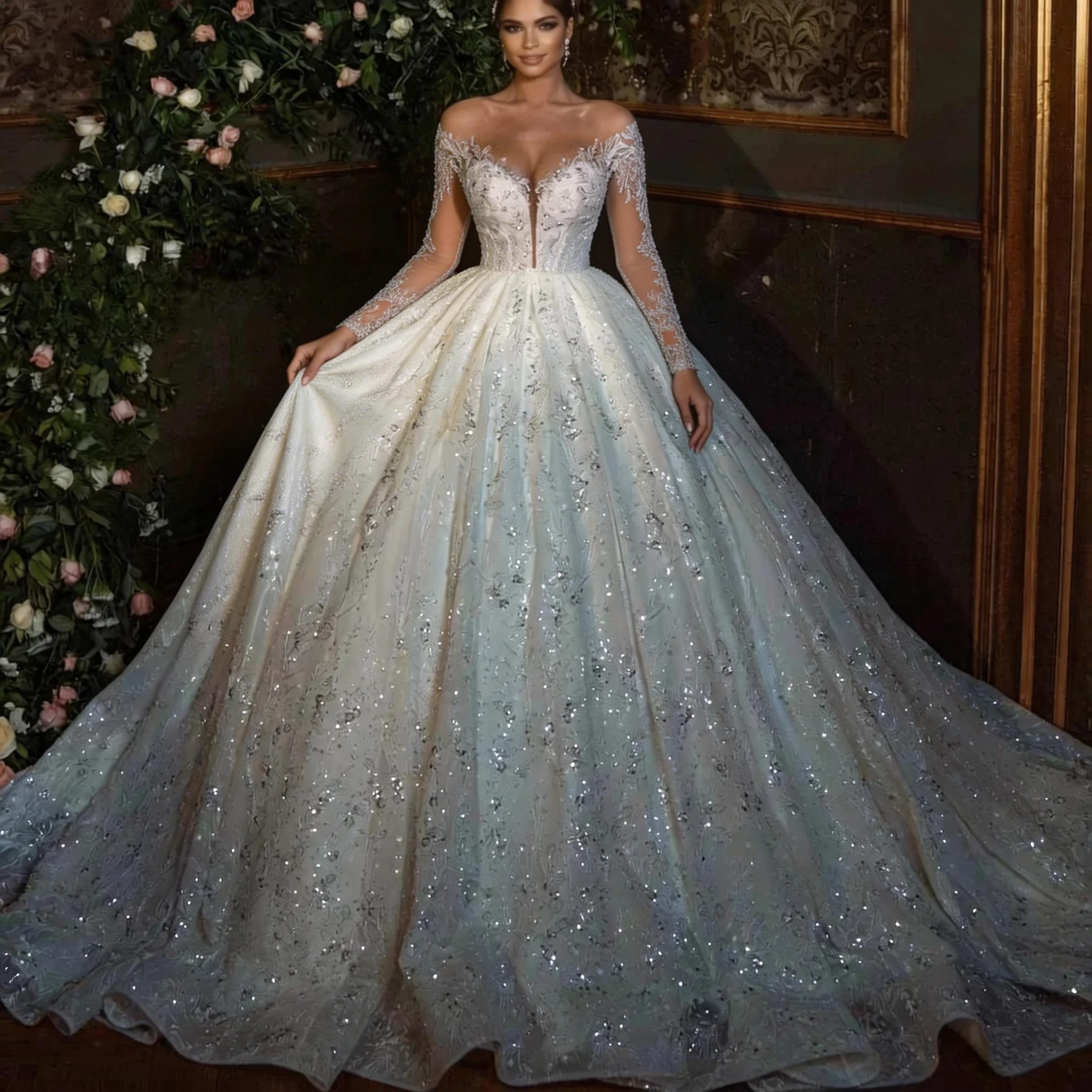 

Luxury Ball Gown Wedding Dress Long Sleeve Sequin Beaded Applique Sheer Neck Bridal Gown Vestidos De Noiva Customized
