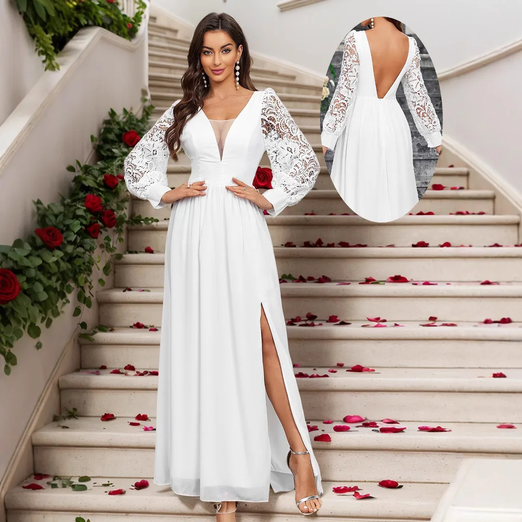 

Women's Clothing 2025 New Long Sleeve V-neck Lace Trim Chiffon Backless Wedding Bridesmaid Dress Party Vestido Women Elegant