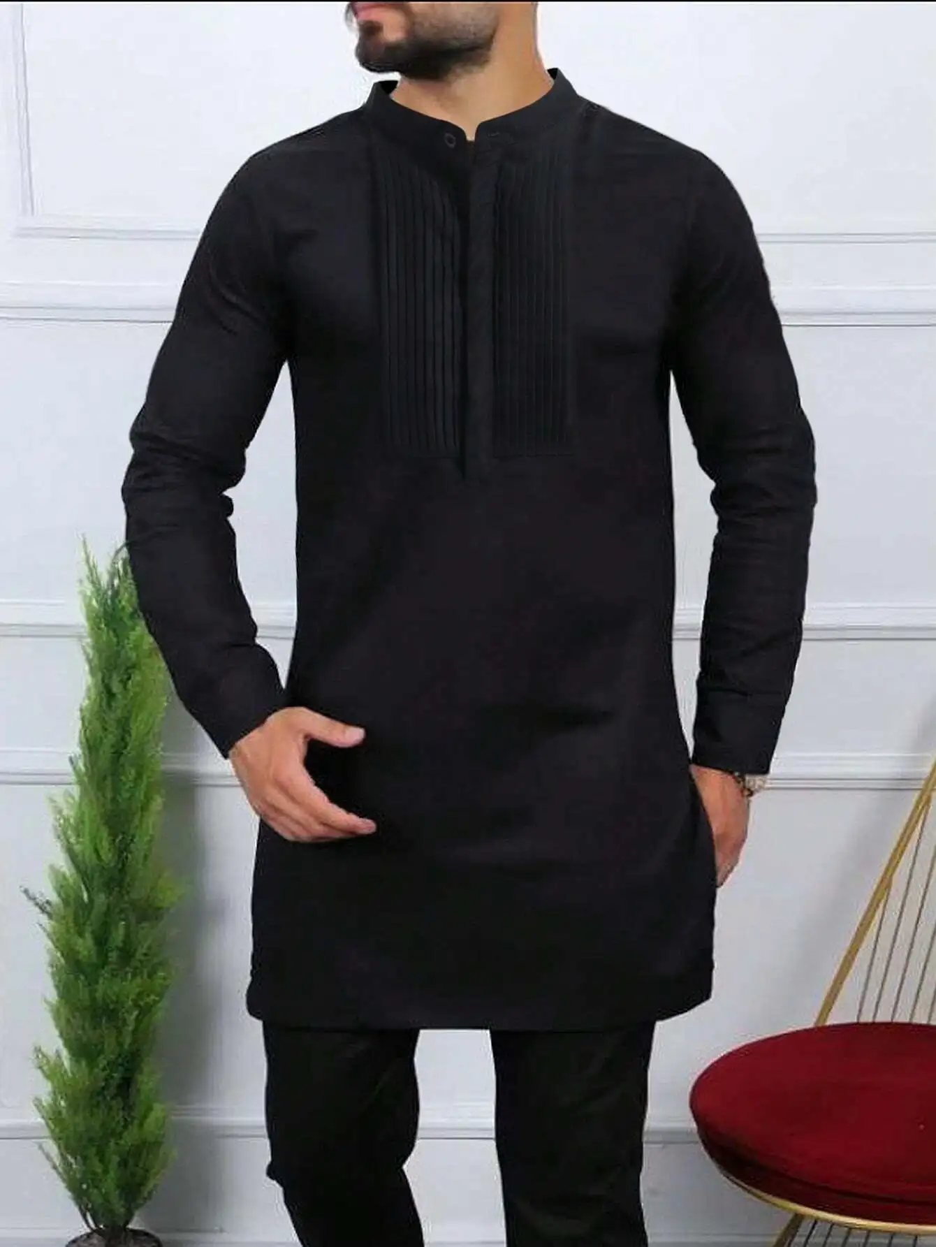 

Men's Solid Black Stand Collar Long Sleeve Button-Front Tunic Shirt Casual Fall Wear
