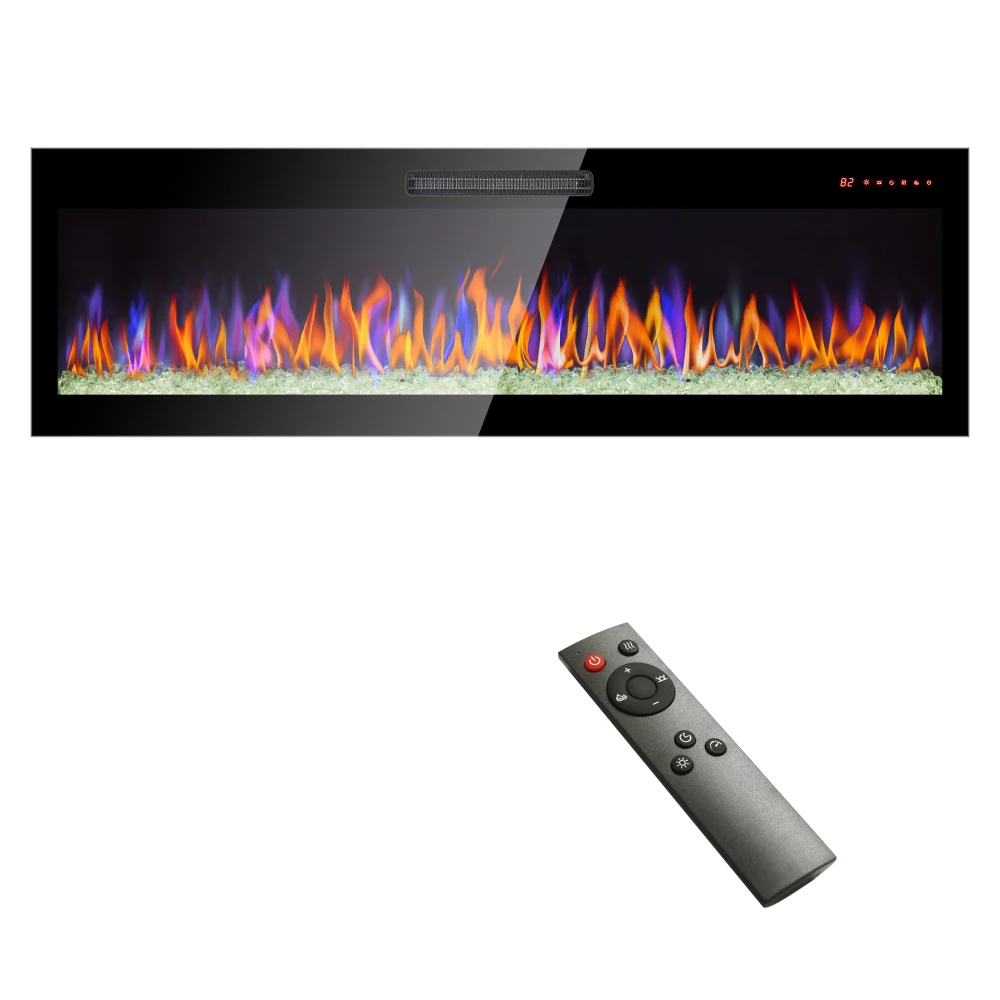 ultra thin tempered glass front wall mounted electric fireplace with remote and multi color flame & emberbed, LED light heater