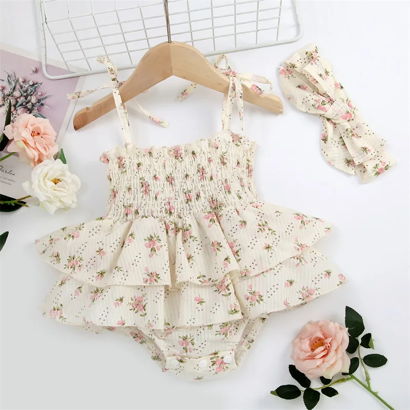 Baby Girl Summer Jumpsuit Set Floral Elasticated Bust Sleeveless Ruffled Romper with Bow Headband