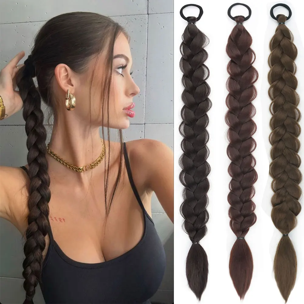 MERISIHAIR Long Straight Hair Braid Plaited Pigtail Fishtail Synthetic Drawstring Ponytail Clip In Hair Extensions For Women