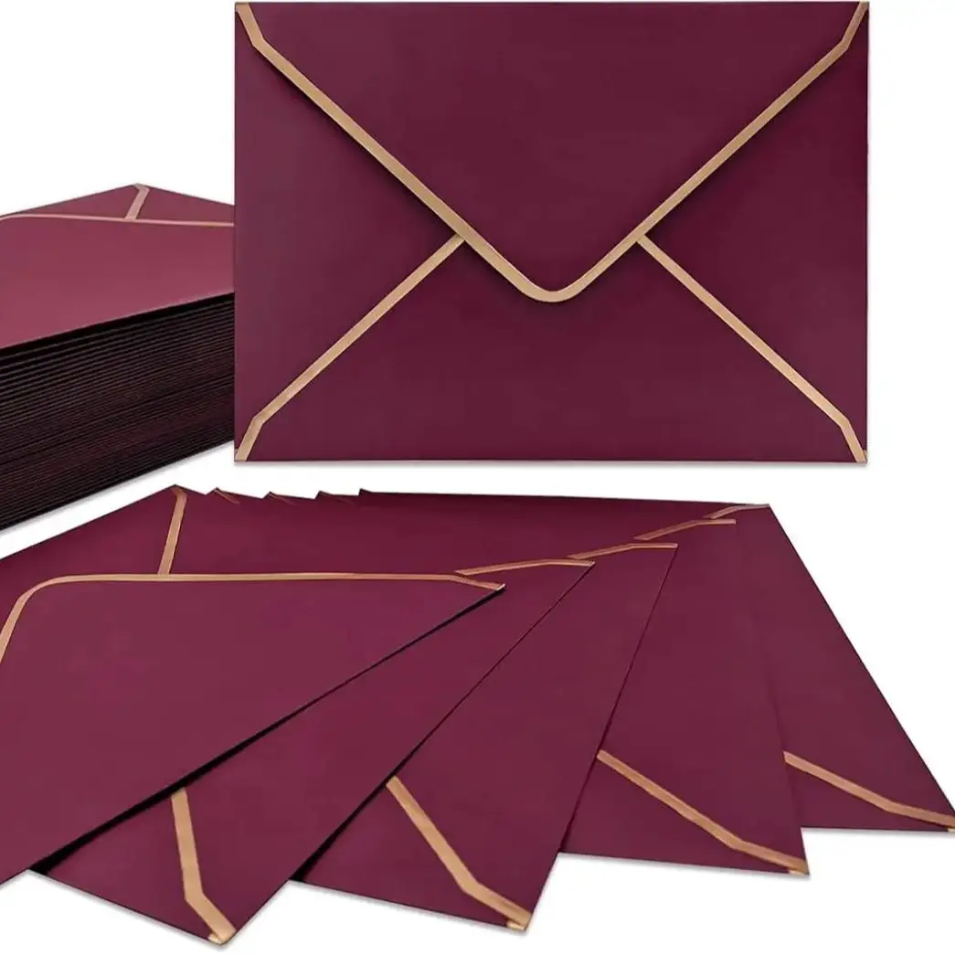 

10 burgundy invitation card envelopes, A7 size 5 x 7 inch V-flap mailing envelopes with gold-bordered sealing, suitable for birt