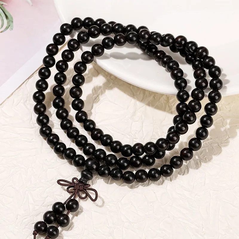 JD 6 8mm Natural Black Sandalwood Buddhist Buddha Bracelet Women Men 108 Wood Prayer Bead Mala Meditation Bangles Jewelry Bijoux